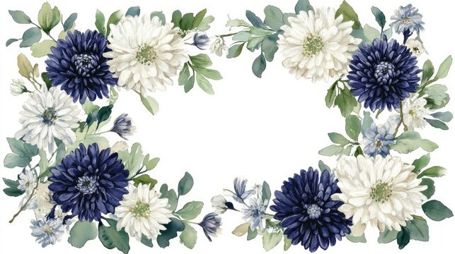 Watercolor rectangular border of navy blue, silver, and white chrysanthemums surrounded by green leaves, set on a crisp white background.