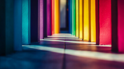 Wall Mural - A long line of colorful pillars with a rainbow in the background. The pillars are of different colors and are arranged in a row. Concept of unity and harmony, as the rainbow