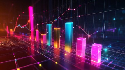Leinwandbilder - A high-tech 3D bar chart with colorful, reflective bars and a dark gradient background, representing key business insights, with glowing lines and arrows.
