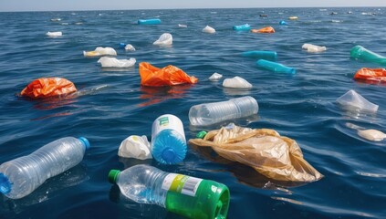 sunlight reflects off both the gentle waves and the smooth surfaces of numerous plastic items litter