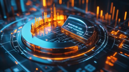 Poster - A high-tech 3D pie chart with metallic and glass-like segments, representing financial statistics, with each slice highlighted by glowing lines and arrows.