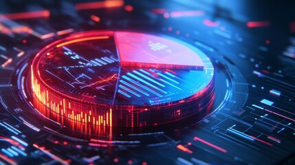Aufkleber - A high-tech 3D pie chart with metallic and glass-like segments, representing financial statistics, with each slice highlighted by glowing lines and arrows.
