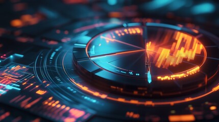 Poster - A high-tech 3D pie chart with metallic and glass-like segments, representing financial statistics, with each slice highlighted by glowing lines and arrows.