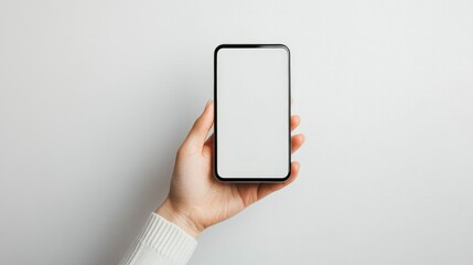 A smartphone with a white screen being held by a woman hand, contrasted against a pure white background, simple and elegant layout.