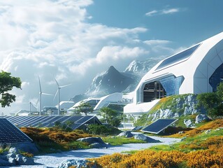 Poster - innovative renewable energy manufacturing site with streamlined futuristic facility solar panels and