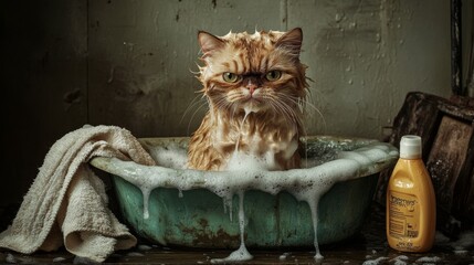 A humorous moment of a wet cat sitting in a small tub, giving an annoyed expression as soap lathers its fur, while a towel and shampoo bottle are nearby.