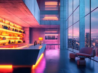 Poster - Pastel colored compact distillery featuring a modernist architectural design with sharp angles smooth concrete surfaces large panoramic windows and an understated industrial aesthetic
