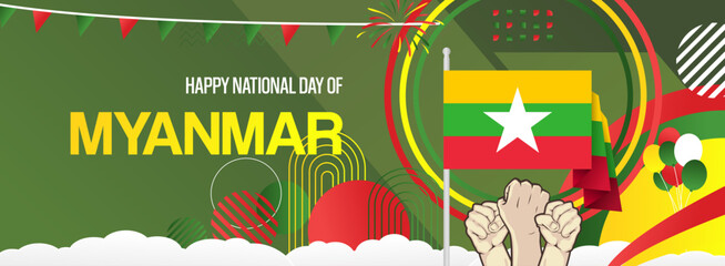 Myanmar national or independence day modern banner with flag. Abstract background for national holiday celebration, greeting card, sport and music event poster. Horizontal templates