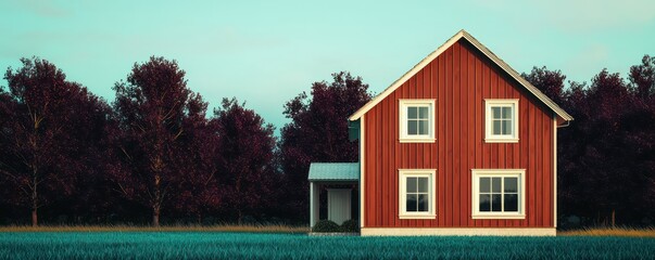 A minimalist farmhouse with vertical burnt sienna paneling, cream trim, set on a field of teal grass and surrounded by dark plum trees, blending warm earth tones with a touch of elegance