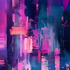 Poster - Striking abstract digital artwork featuring vibrant geometric patterns dynamic color gradients and textured glitch effects set against a futuristic surreal urban backdrop with an avant garde movement