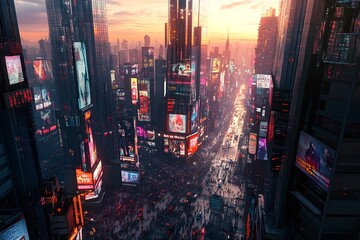 Poster - Vibrant and dynamic urban skyscape featuring a towering metropolis of gleaming skyscrapers bustling city streets filled with a sea of vehicles and activity neon lit billboards and digital displays
