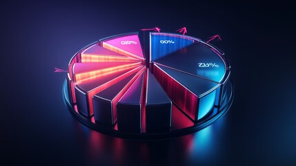 Aufkleber - A modern 3D pie chart with metallic slices, representing business market share, with percentages highlighted on each segment and arrows pointing to the key data.