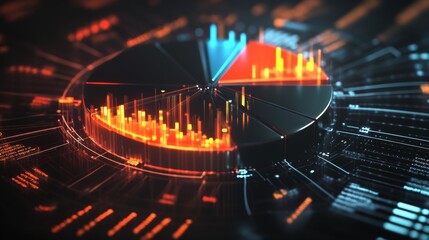 Aufkleber - A modern 3D pie chart with metallic slices, representing business market share, with percentages highlighted on each segment and arrows pointing to the key data.