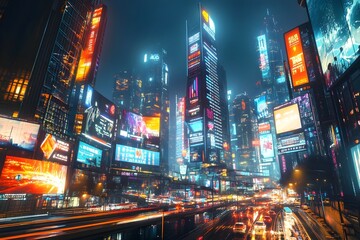 Poster - Majestic futuristic cityscape at night showcasing a breathtaking display of sleek modern architecture dazzling digital signage and a steady flow of traffic beneath the glowing vibrant urban landscape