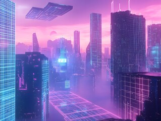 Poster - Stunning futuristic landscape featuring gleaming skyscrapers intricate electronic grid patterns and floating architecture in a moody twilight ambiance with a synthwave influenced aesthetic
