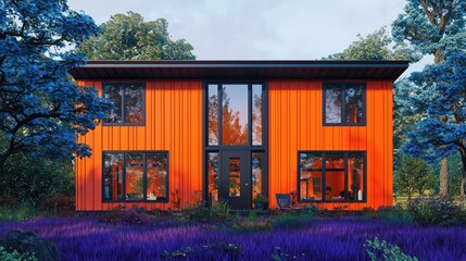 A minimalist farmhouse with vertical orange paneling, obsidian trim on windows, set on amethyst grass and flanked by cerulean trees for a bold and unique look