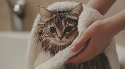 Poster - A pair of hands carefully drying a wet cat with a soft towel, the cat sitting still on the bathroom floor with its fur slightly damp and fluffy