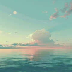 Sticker - A beautiful blue ocean with a cloudy sky in the background. The sky is filled with clouds and the sun is setting. The water is calm and the sky is a mix of blue and pink