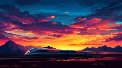 Poster - A picturesque sunset scene featuring a high-speed train passing through a scenic landscape, with vibrant colors in the sky and silhouettes of mountains, symbolizing adventure.