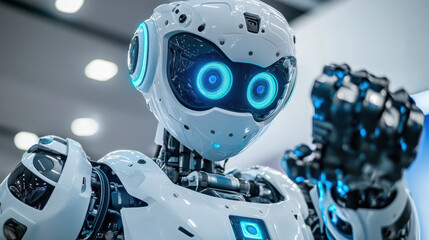 futuristic robot with glowing blue eyes and sleek white design stands confidently, showcasing advanced technology and innovation. Its expressive features evoke curiosity and excitement about future