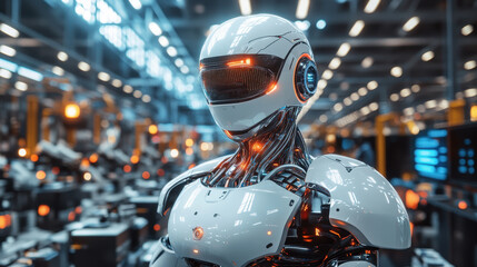 Aufkleber - futuristic robot stands in high tech industrial environment, showcasing advanced technology and design. Its sleek, shiny exterior and illuminated features reflect innovation and modernity