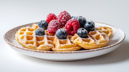 Poster - A plate of crispy waffles dusted with powdered sugar, garnished with blueberries and raspberries, beautifully arranged against a bright white backdrop.