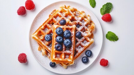 Poster - A plate of crispy waffles dusted with powdered sugar, garnished with blueberries and raspberries, beautifully arranged against a bright white backdrop.