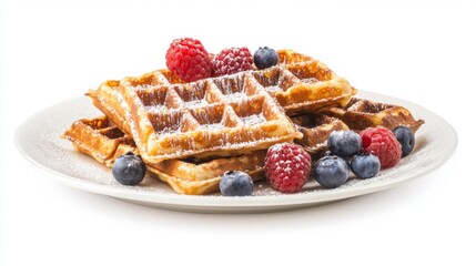 Poster - A plate of crispy waffles dusted with powdered sugar, garnished with blueberries and raspberries, beautifully arranged against a bright white backdrop.