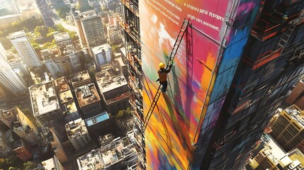 Poster - exterior shot of a worker painting the facade of a tall skyscraper surrounded by a vibrant cityscape