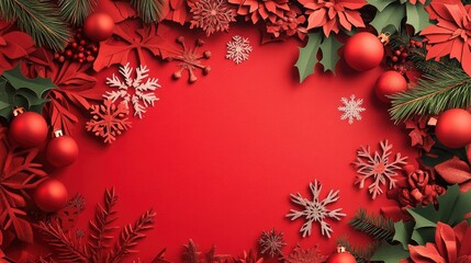 Christmas-themed paper design with a vibrant red background, decorated with intricate snowflake patterns and festive elements like holly and bells.