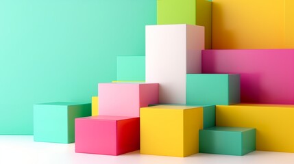 Poster - Colorful stack of blocks with a green background. The blocks are in various colors, including pink, yellow, and green. Concept of creativity and playfulness