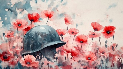 Sticker - A painting of a soldier's helmet in a field of red flowers