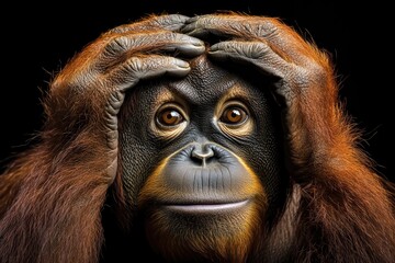 An orangutan with hands on head. A closeup photo of an orangutan's face, perfect for illustrating articles about primates or animal intelligence.