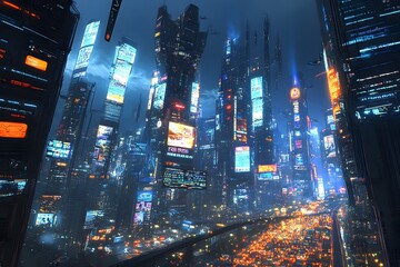 Poster - Captivating cityscape at night with towering skyscrapers sleek modern architecture a dazzling display of colorful lights and digital signage and steady flow of traffic below creating a futuristic