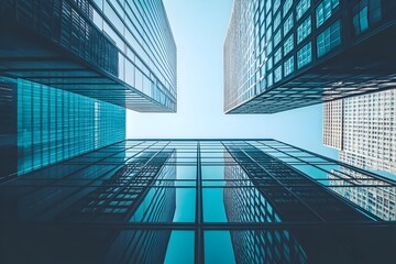 Poster - Serene and Minimalist Urban Cityscape with Towering Skyscrapers and Sleek Modern Architecture Captured through a Digital a Sense of Precise Architectural Elegance and Clarity