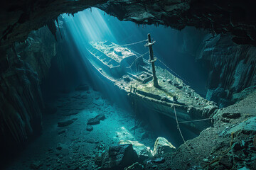 Wall Mural - Underwater view of an sunken ship on seabed with fish swimming around