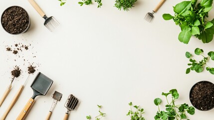 Wall Mural - Gardening tools and plants on white background with copy space.