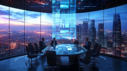 Poster - Executive team gathered in a state of the art conference room with a holographic digital agenda discussing business strategy and innovation against the backdrop of a sprawling urban skyline
