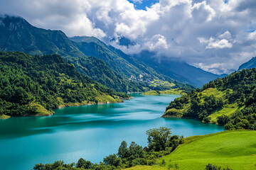 A beautiful mountain valley with a river running through it. The water is blue and the sky is cloudy