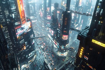 Poster - Towering futuristic cityscape with sleek high rise skyscrapers reaching into the sky  Bustling streets teeming with vehicles and pedestrians
