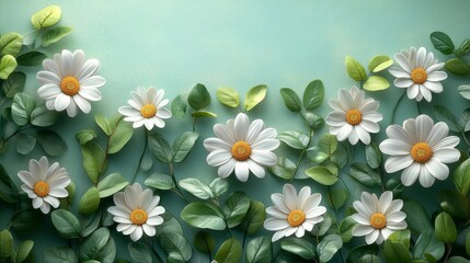 Wall Mural - daisies and green leaves spread on a light green background