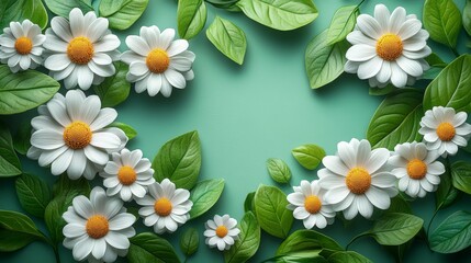Wall Mural - daisies and green leaves spread on a light green background