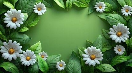 Wall Mural - daisies and green leaves spread on a light green background