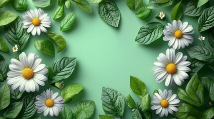 Wall Mural - daisies and green leaves spread on a light green background