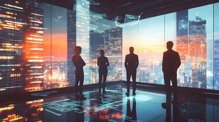 Poster - A team of business professionals collaborating and reviewing data analytics reports displayed on transparent holographic screens with a high rise office view of the city skyline in the background