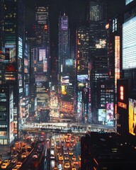 Poster - Dramatic and captivating cyberpunk inspired urban cityscape featuring a cluster of high rise buildings with distinctive architectural designs busy thoroughfares packed with cars and people