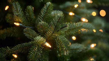 close up view of christmas tree branch adorned with warm white lights, creating cozy and festive atm