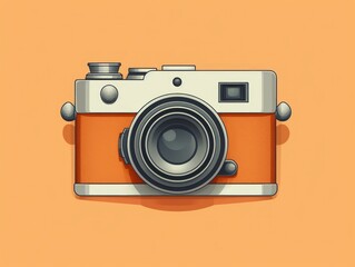 A vintage-style camera with an orange body on a bright background.