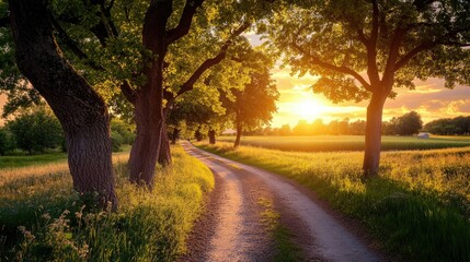 Wall Mural - Dirt road meandering through a tree-lined field as the sun sets, the sky a blend of warm colors.