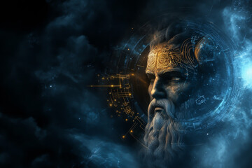 A man with a beard and gold face is surrounded by a blue and purple sky. The man's face is surrounded by a circle of stars and the sky is filled with clouds. The image has a mystical